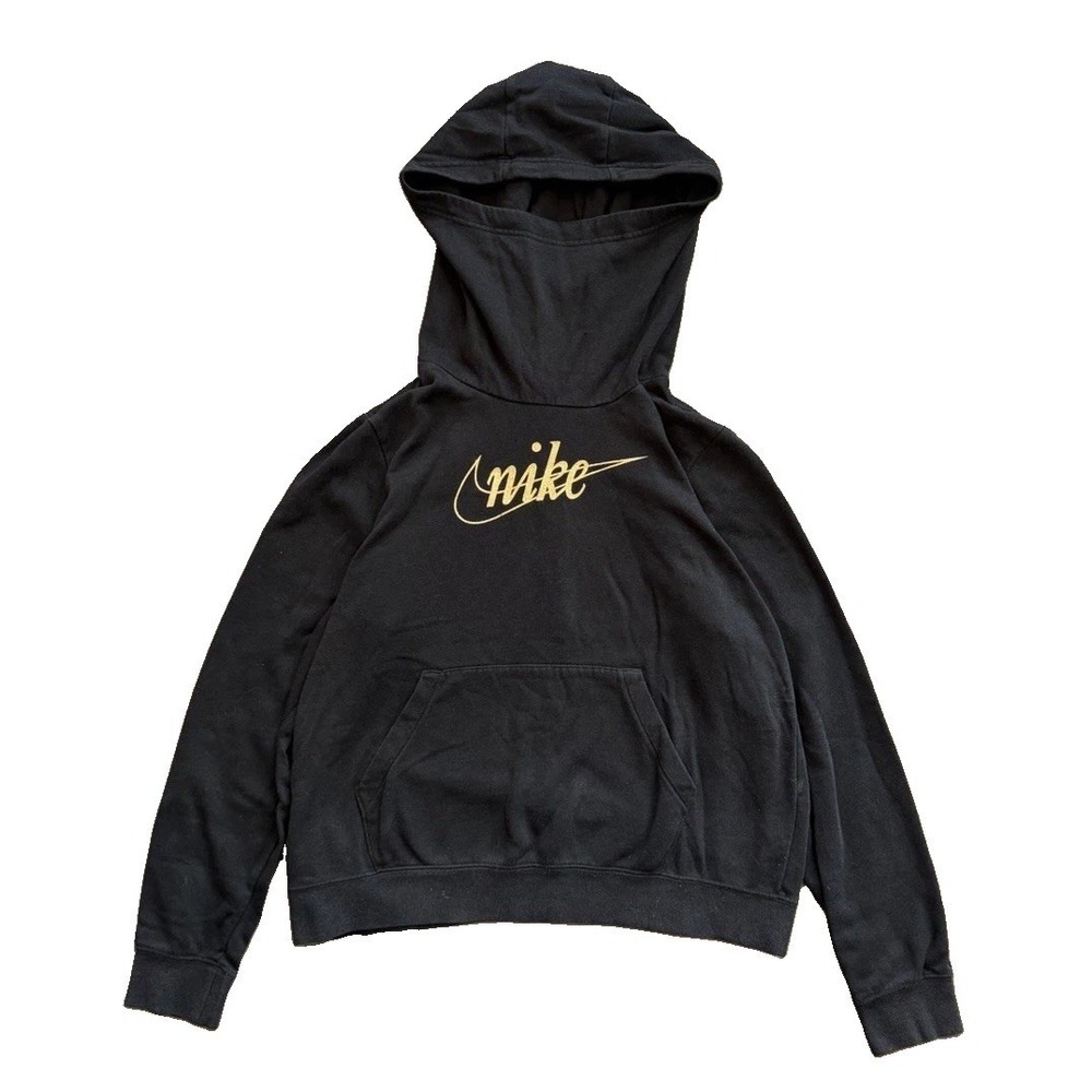 Nike Funnel Neck Black Hoodie, Gold Sparkle Logo Women's Medium